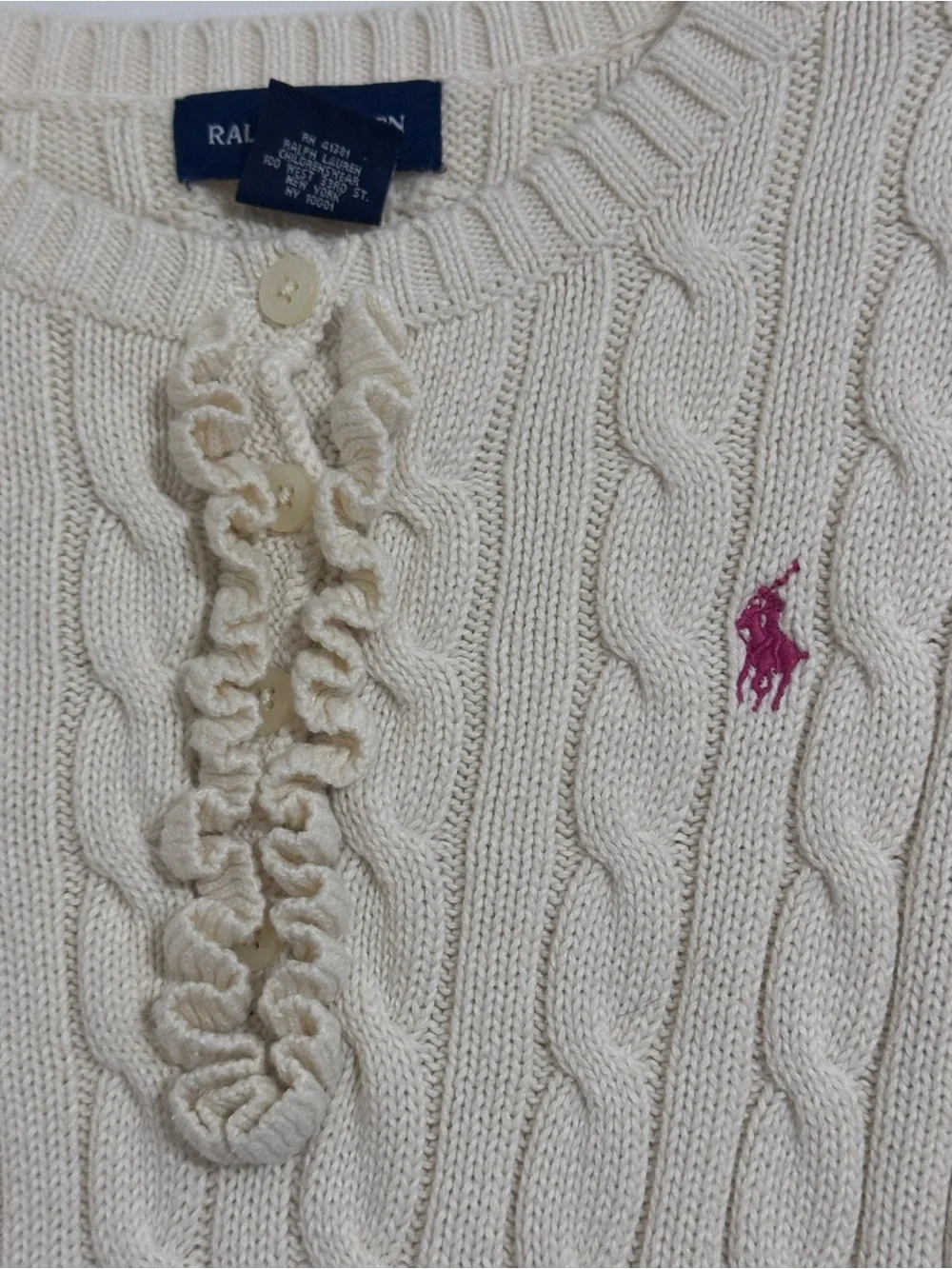 Ralph Lauren Girls Cable Knit Sweater Size M (10) Ivory Cotton Ruffle Henley Pin